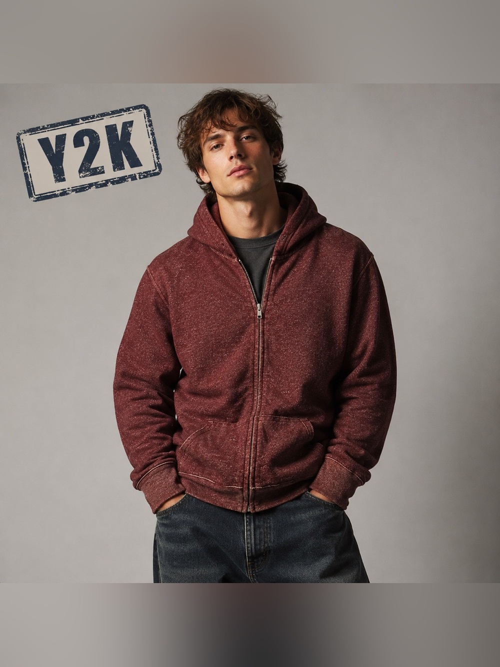 Y2K Urban Pipeline Maroon Heather Full Zip Hoodie Men’s M Distressed